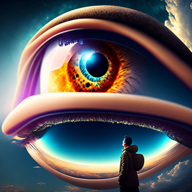 Giant surreal eye with vibrant iris overlooking skyscape and figure with backpack.