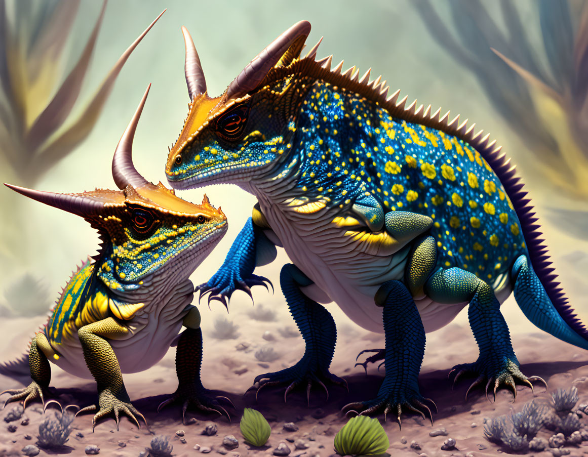 Colorful horned dinosaurs in prehistoric scene with muted flora background.