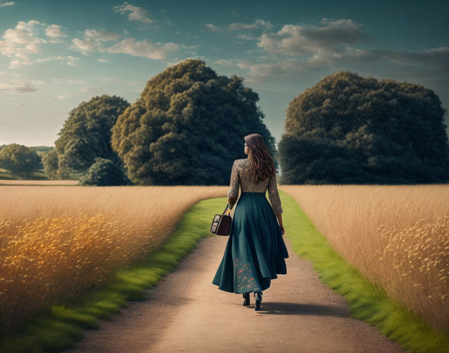 Woman in vintage dress walking through golden fields with trees under cloudy sky carrying suitcase