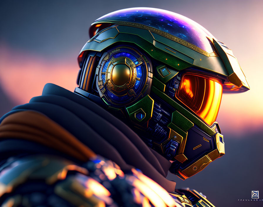 Futuristic helmet with blue and orange visor and gold detailing on blurred sunset background