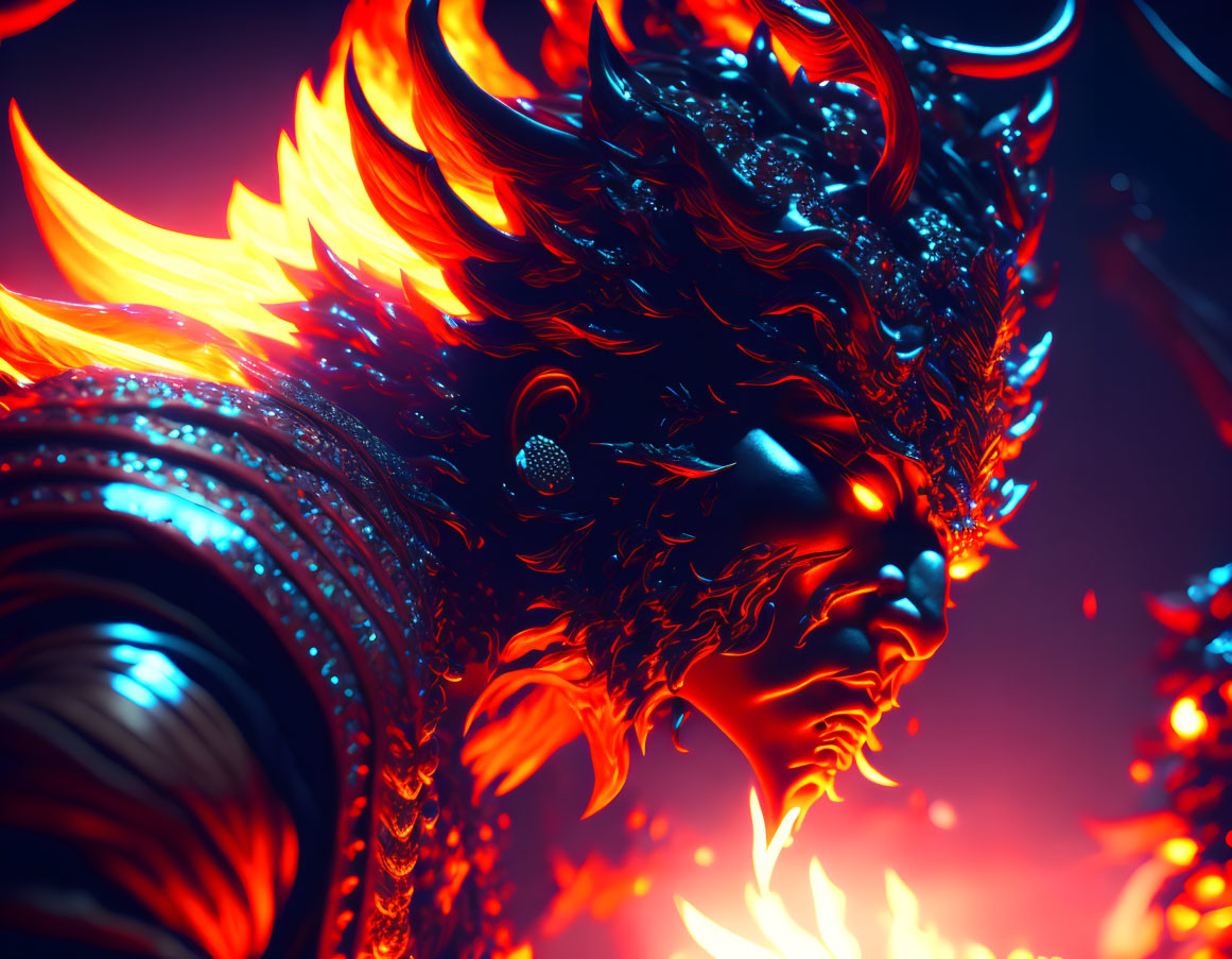 Fantasy creature with fiery hair and ornate armor in red and blue light