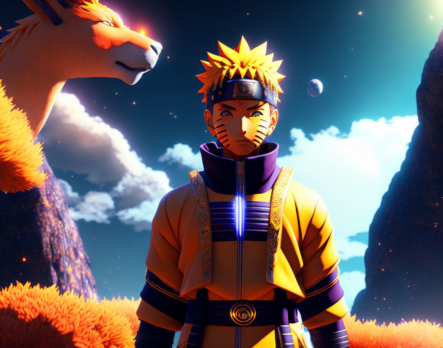 Anime character with spiky blond hair beside orange creature at sunset