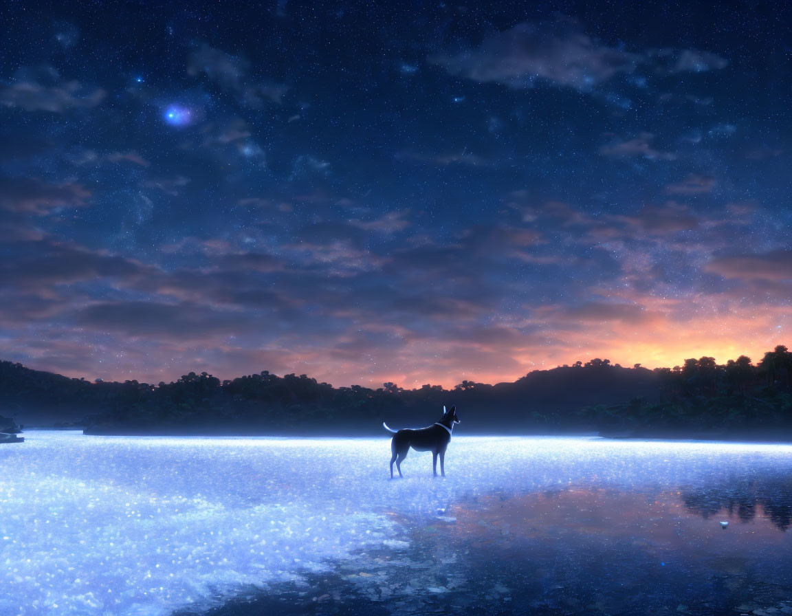 Tranquil deer by glittering lake under starry sky