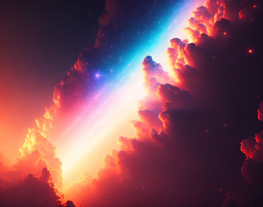 Colorful cosmic scene with radiant light piercing dark clouds