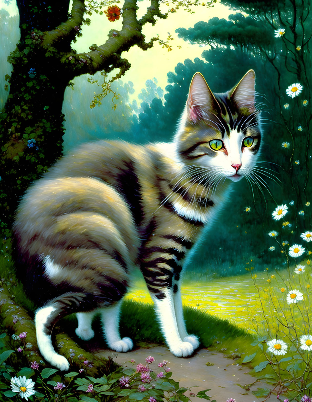 Vibrant tabby cat in lush forest setting with white flowers