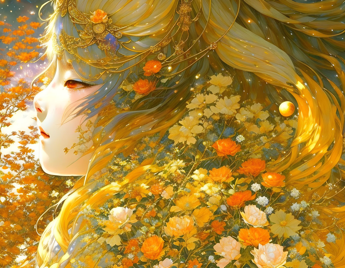 Illustration of person with golden hair and orange flowers in luminous yellow bloom landscape