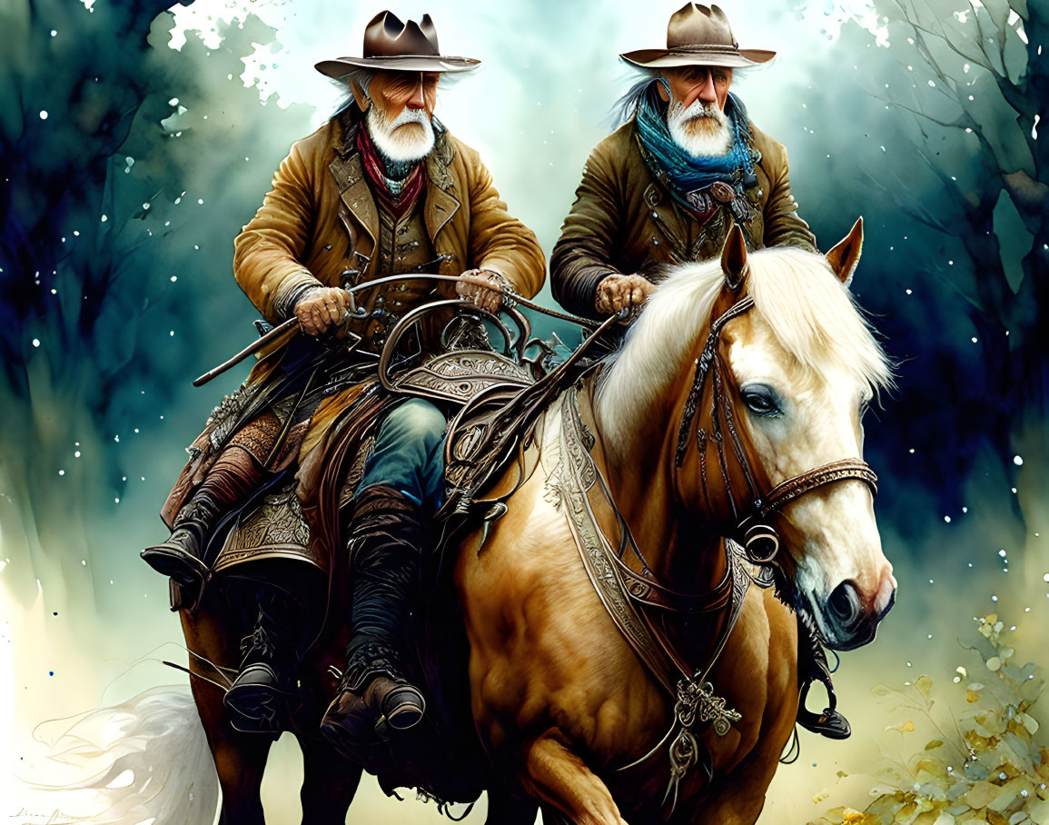 Two white-bearded cowboys on pale horses in misty wooded setting