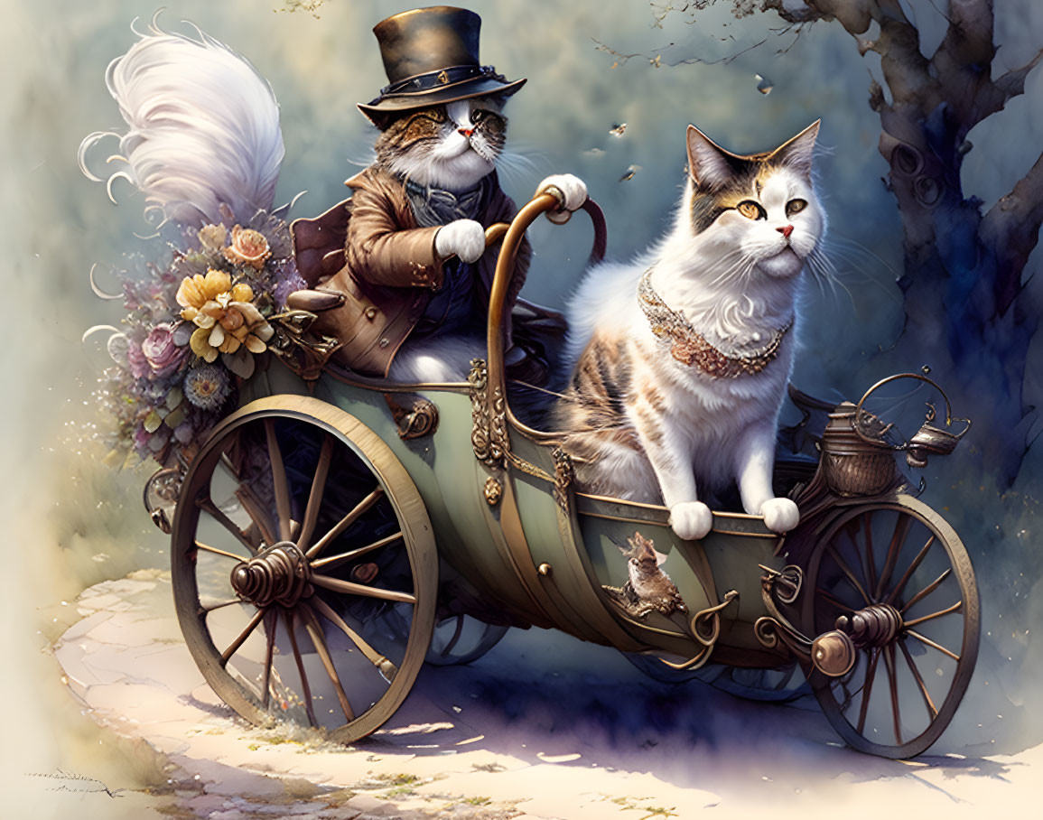 Anthropomorphic cats in vintage cart with elegant attire in dreamy setting