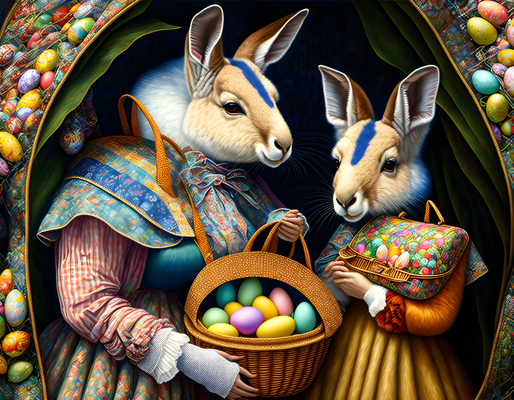 Anthropomorphic rabbits with Easter eggs in traditional attire