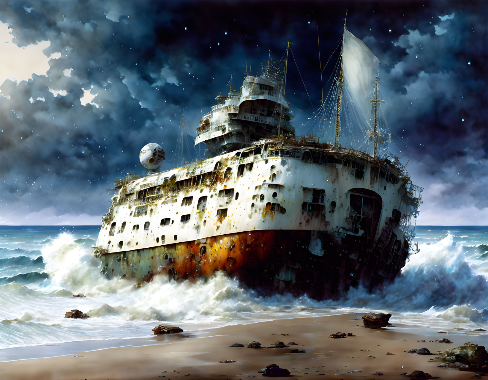 Dramatic shipwreck scene with crashing waves and stormy sky