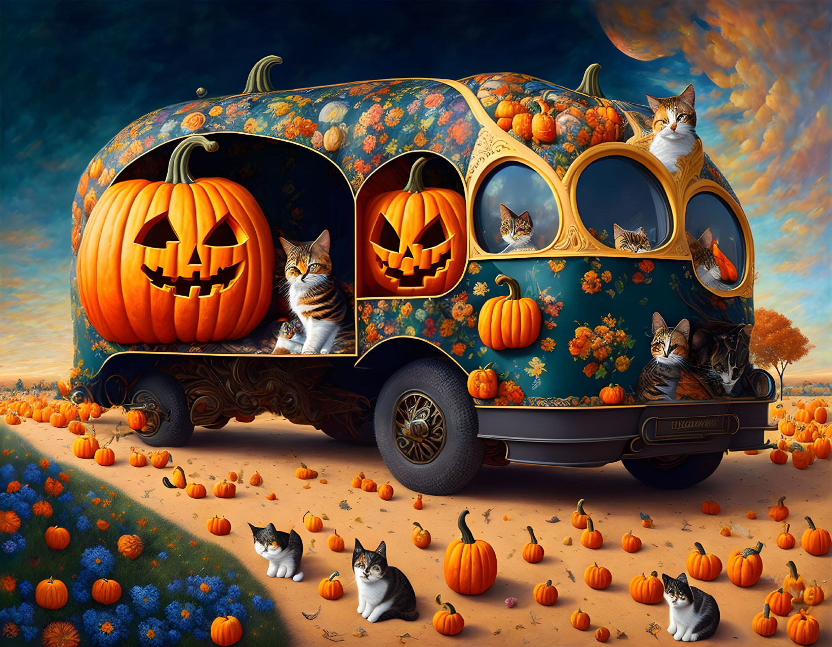 Illustration of cats in pumpkin-themed caravan at sunset