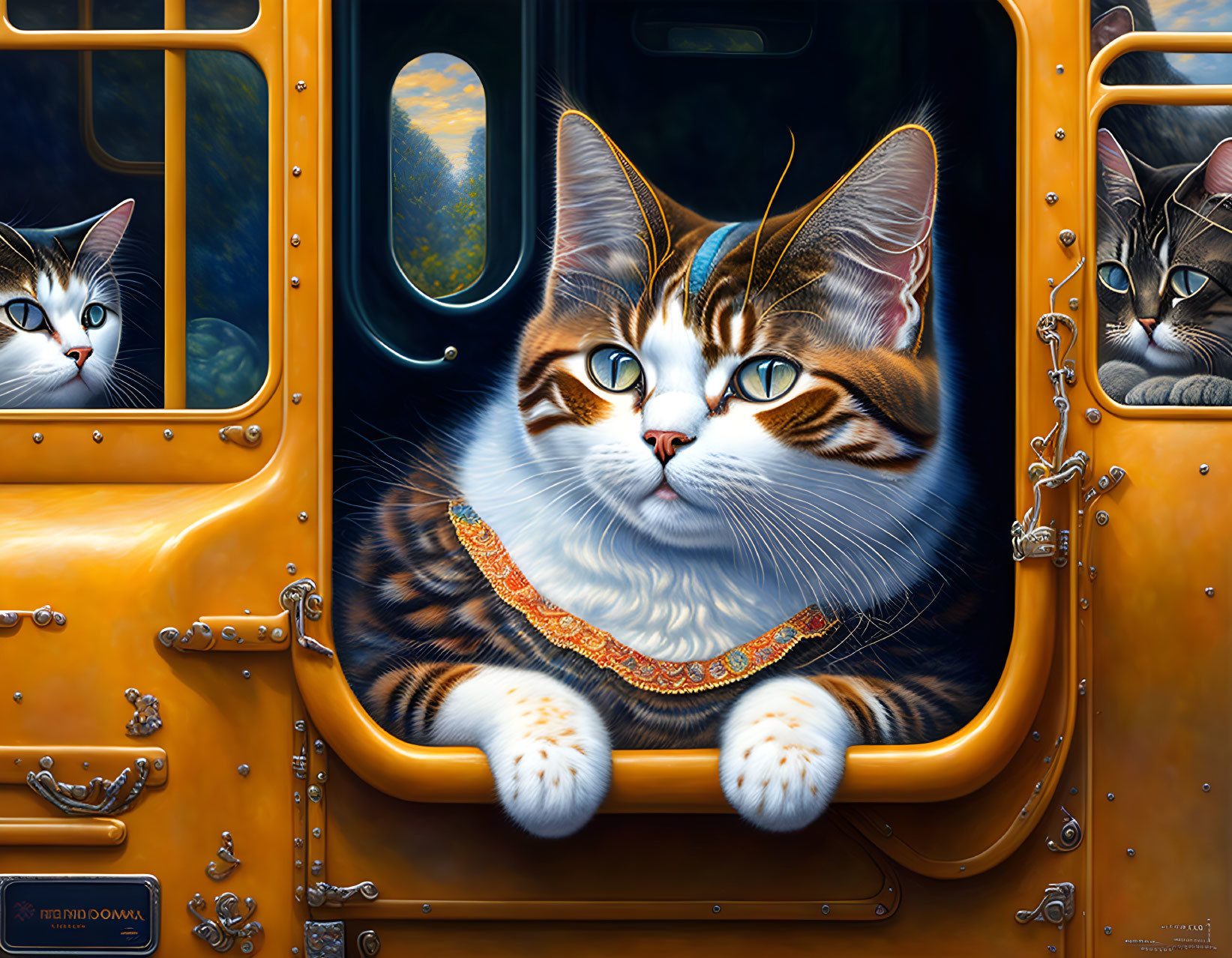 Detailed painting of large cat on whimsical yellow bus with two cats in windows