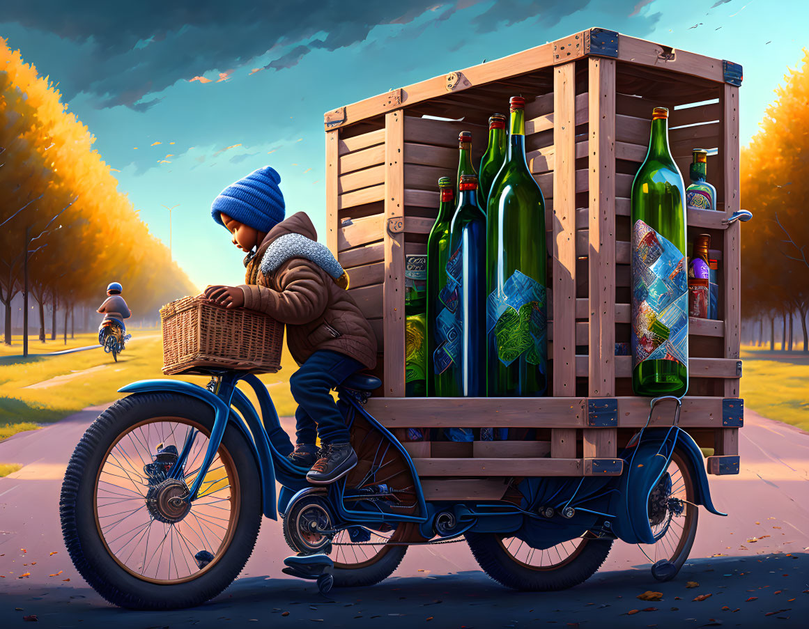 Child on Tricycle Pulls Wooden Trailer with Oversized Bottles in Autumn Park