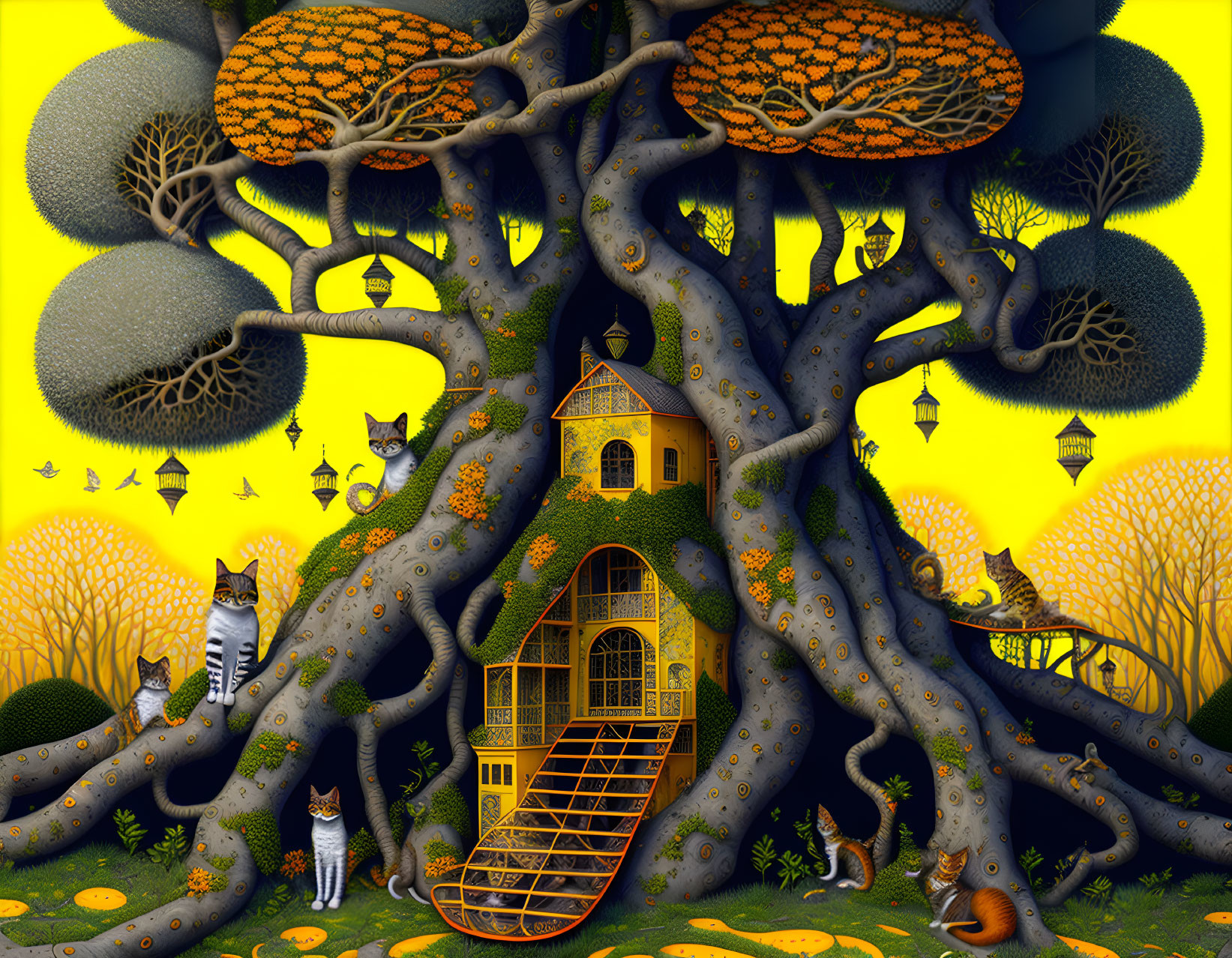 Whimsical illustrated scene: house in tree with cats, orange foliage, yellow accents