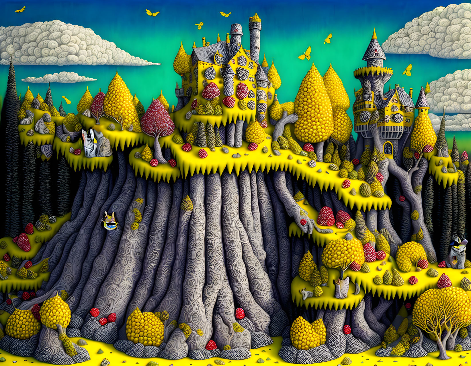 Detailed Fantasy Landscape with Whimsical Castle on Tree-like Mountain