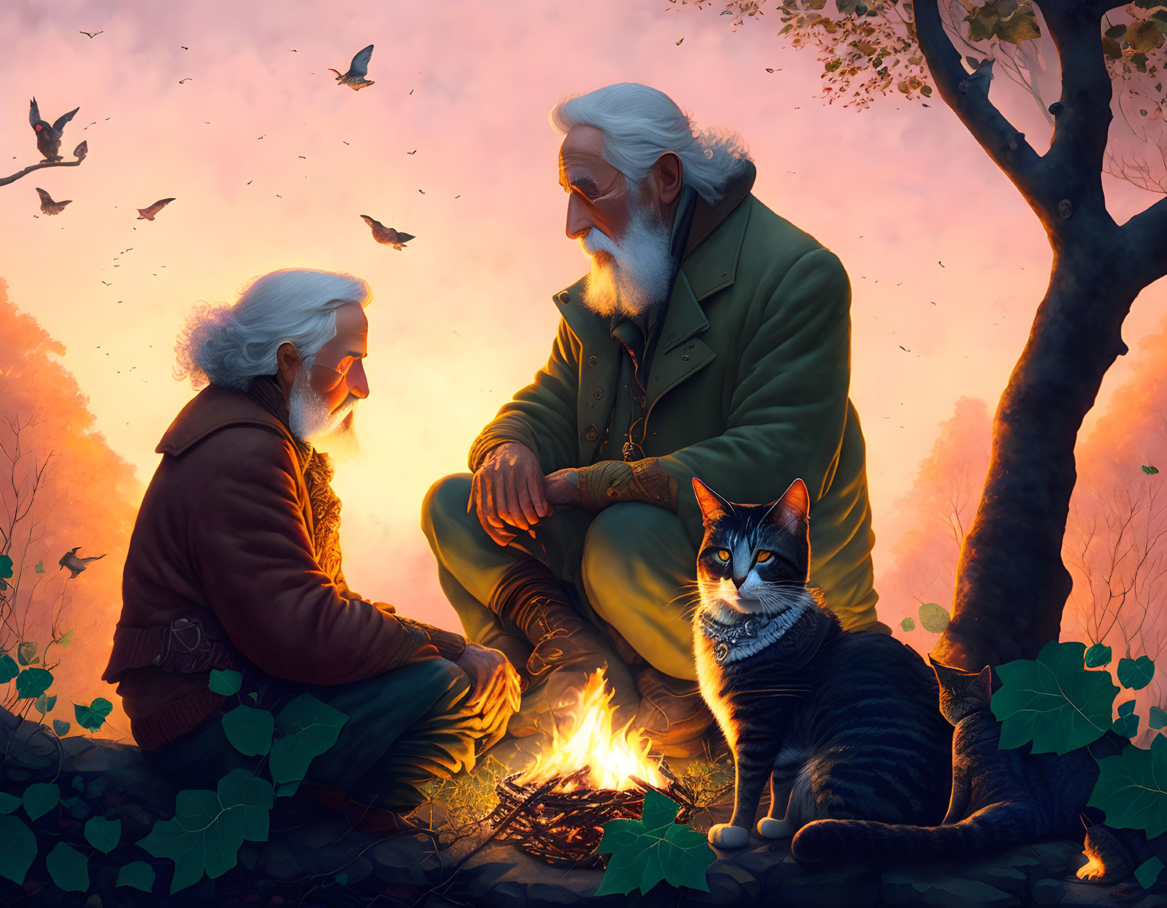 Elderly men by campfire in autumn forest with cat and birds