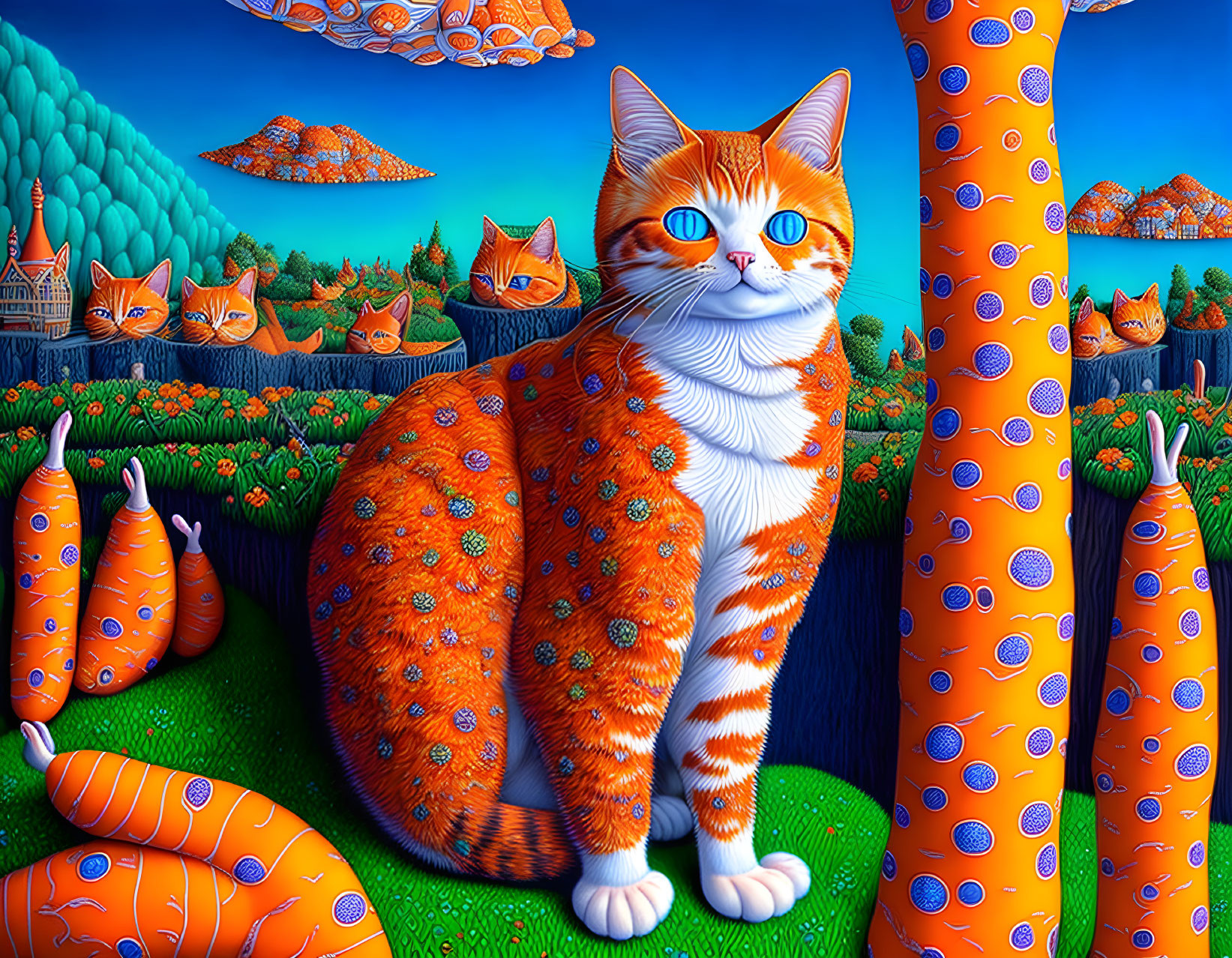 Colorful surreal illustration: Orange tabby cat in forest with patterned cats