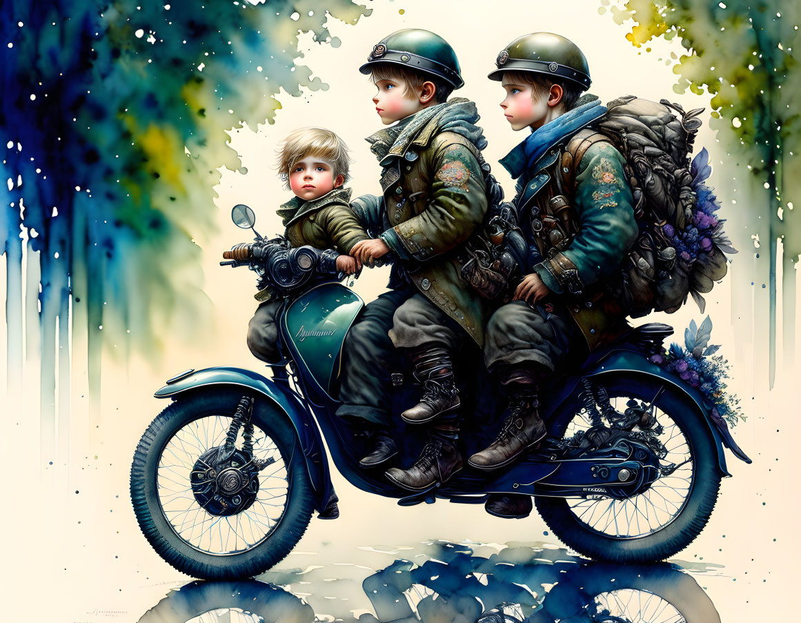 Three children in vintage pilot attire imagining adventure on stylized motorcycle amidst colorful foliage.