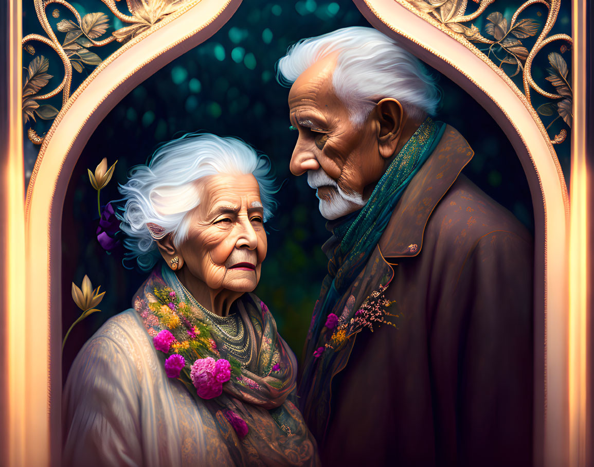 Elderly couple under ornate golden arch in lush setting