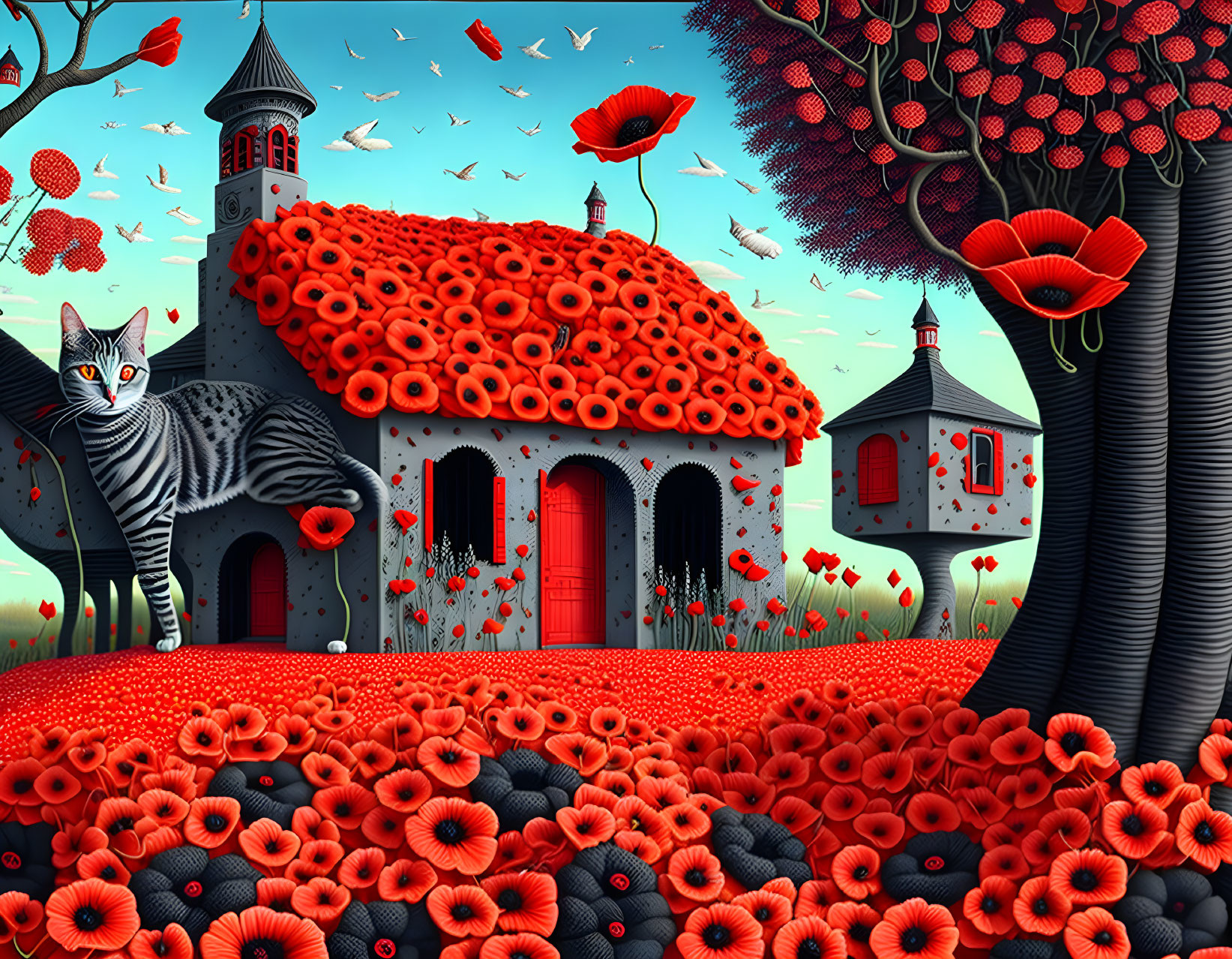 Surreal landscape with red poppy buildings, large cat, trees, and flying birds