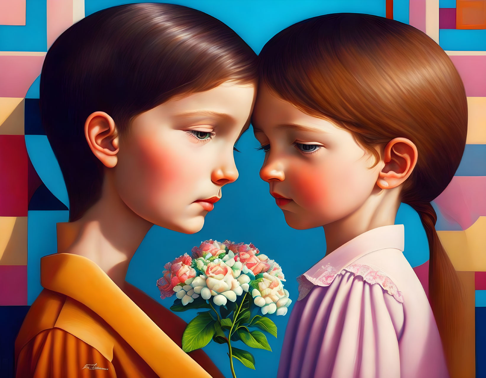 Stylized children with rosy cheeks on colorful geometric backdrop