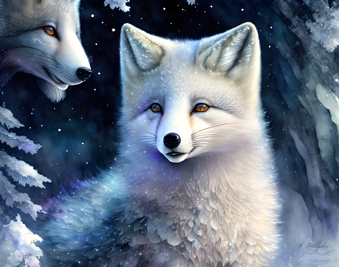 Illustrated white foxes in snowy, starry setting.