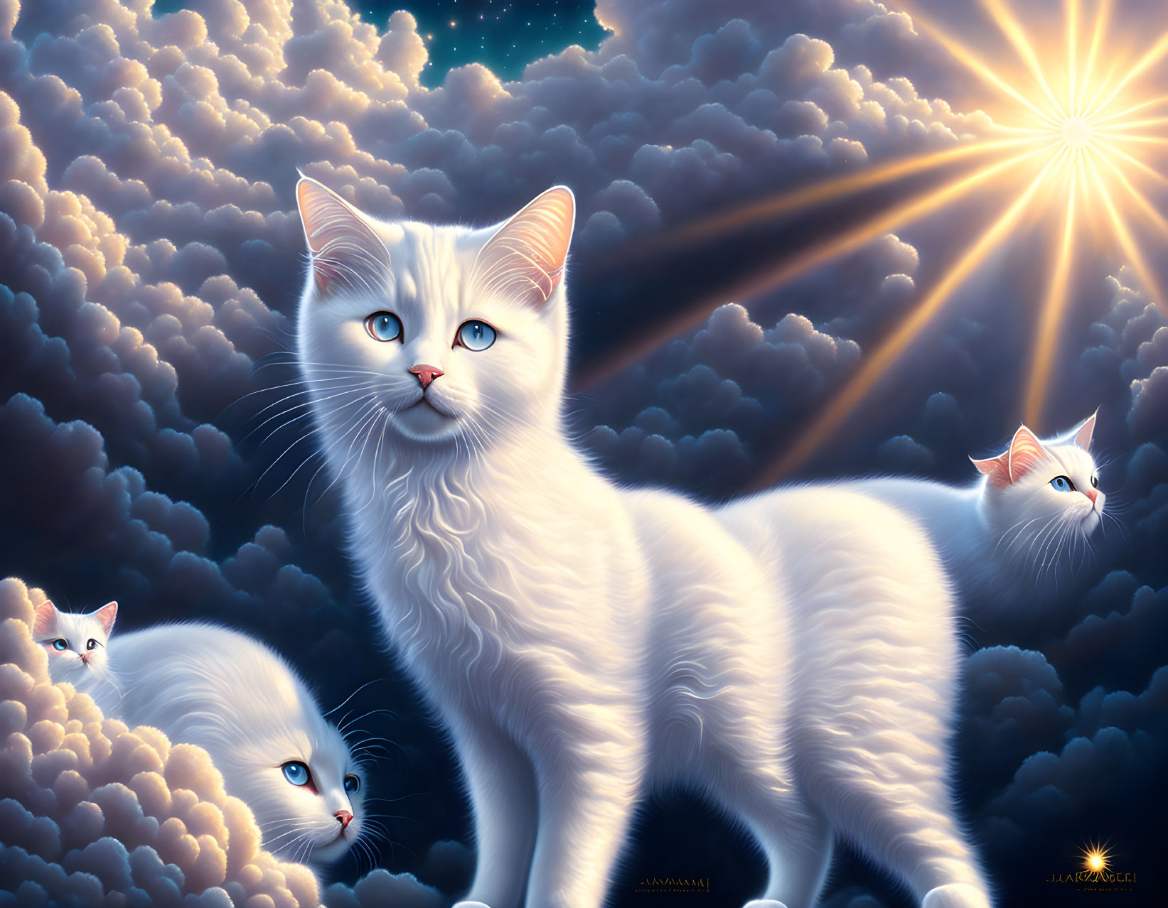 Four white cats with blue eyes in fluffy cloud setting with sunlight.