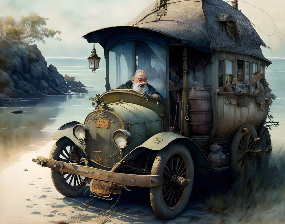 Elderly Gentleman in Vintage Vehicle House by Serene Lake