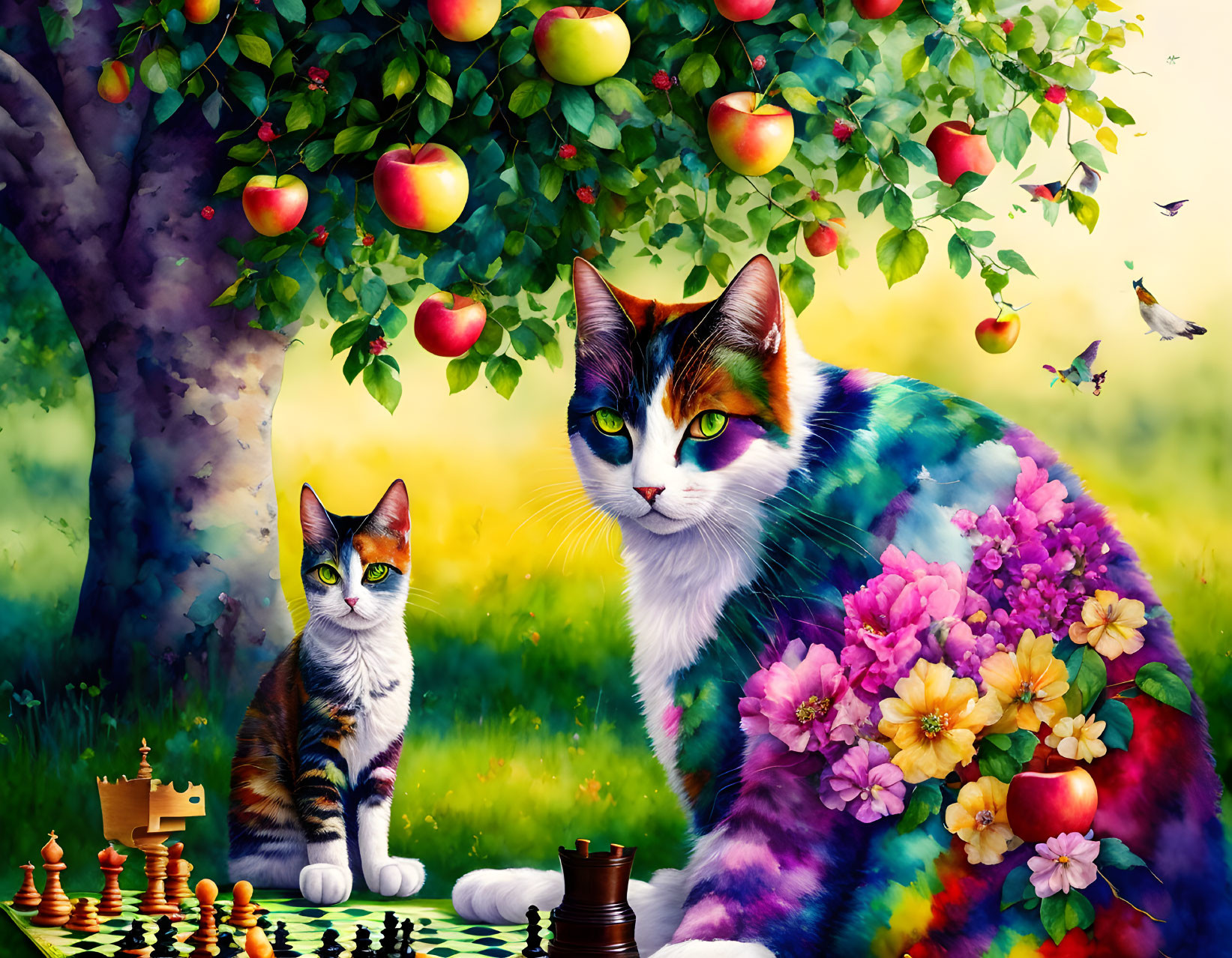 Colorful Cats and Chessboard in Lush Garden Setting