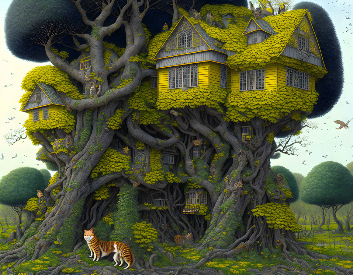 Illustration of large tree with yellow-roofed houses in lush forest