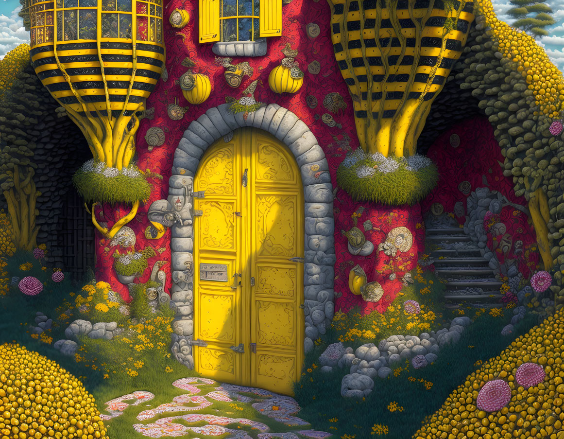 Colorful whimsical house with yellow door in fantastical garden