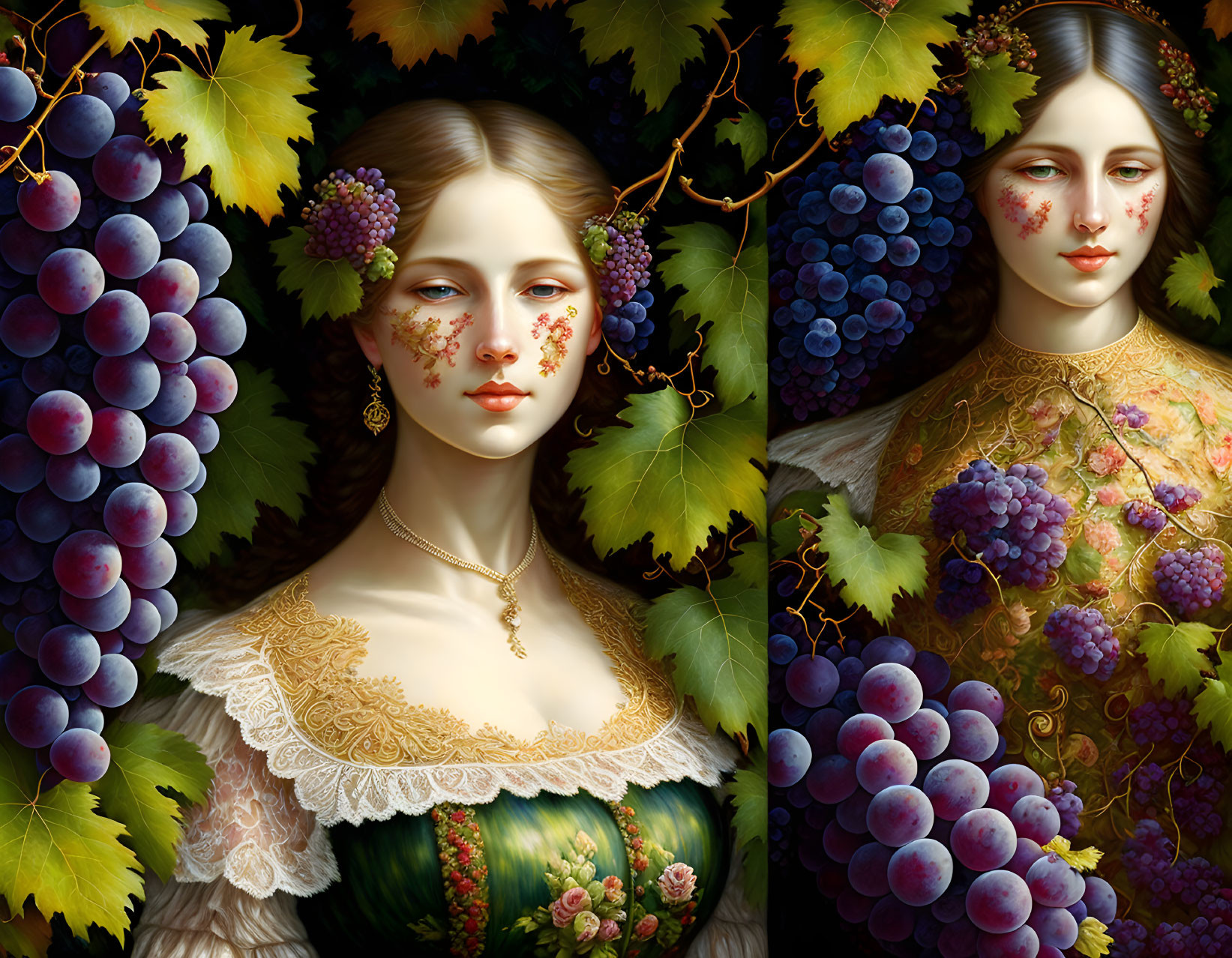 Portraits of Women with Grapevine Motifs and Renaissance Dresses