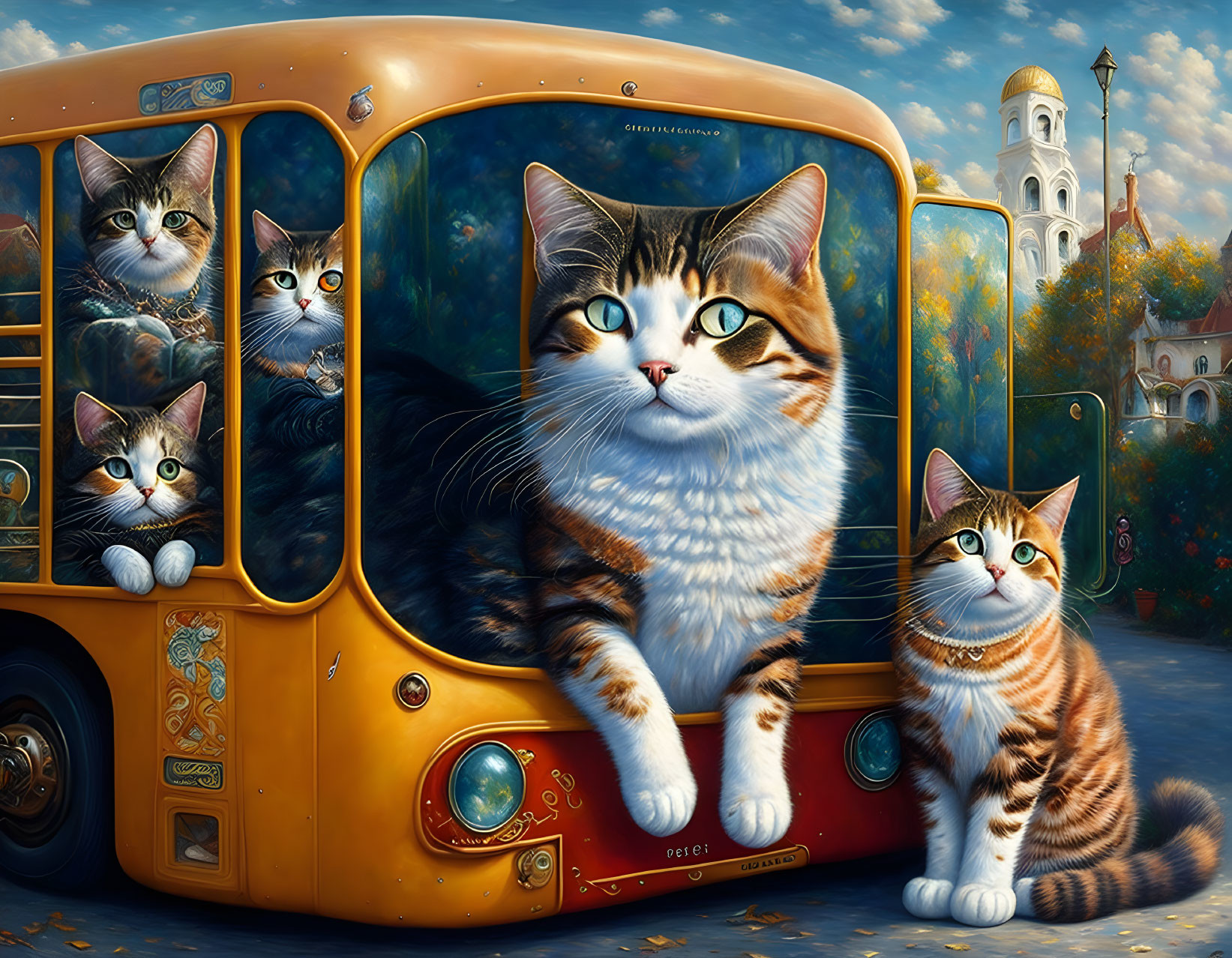 Colorful cartoon cats on yellow bus in European cityscape