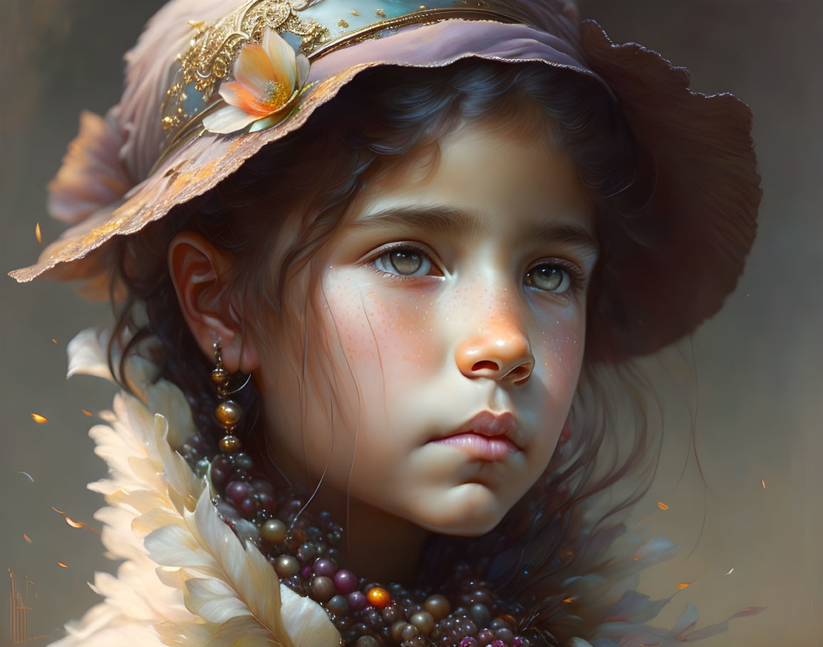 Digital portrait of young girl with freckles in decorated hat and feather boa, exuding serene expression