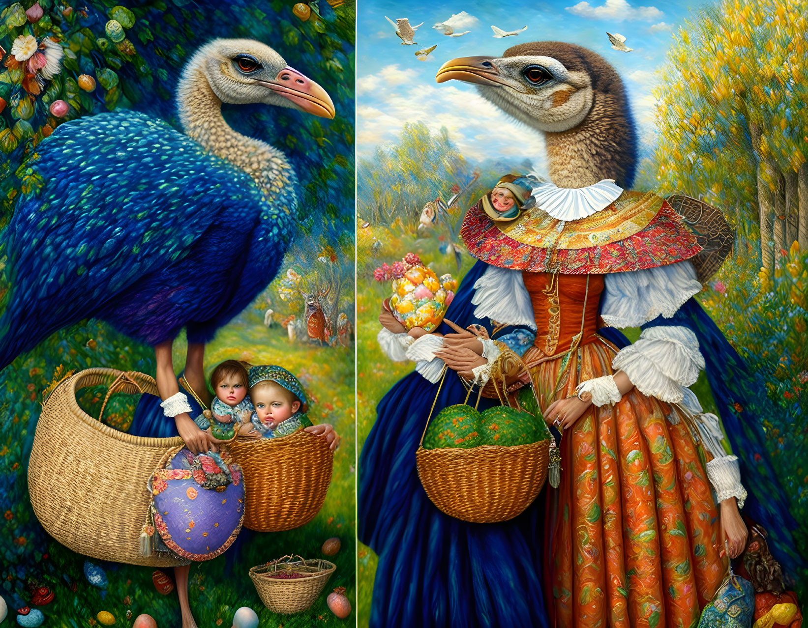 Surreal painting: Giant bird, woman in period dress, children in basket, whimsical elements