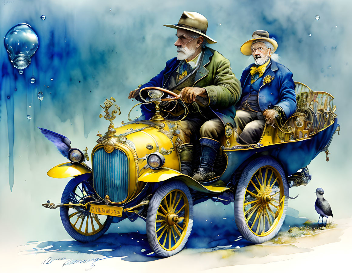 Illustrated steampunk car with old-time gentlemen, jellyfish balloon, and penguin on abstract