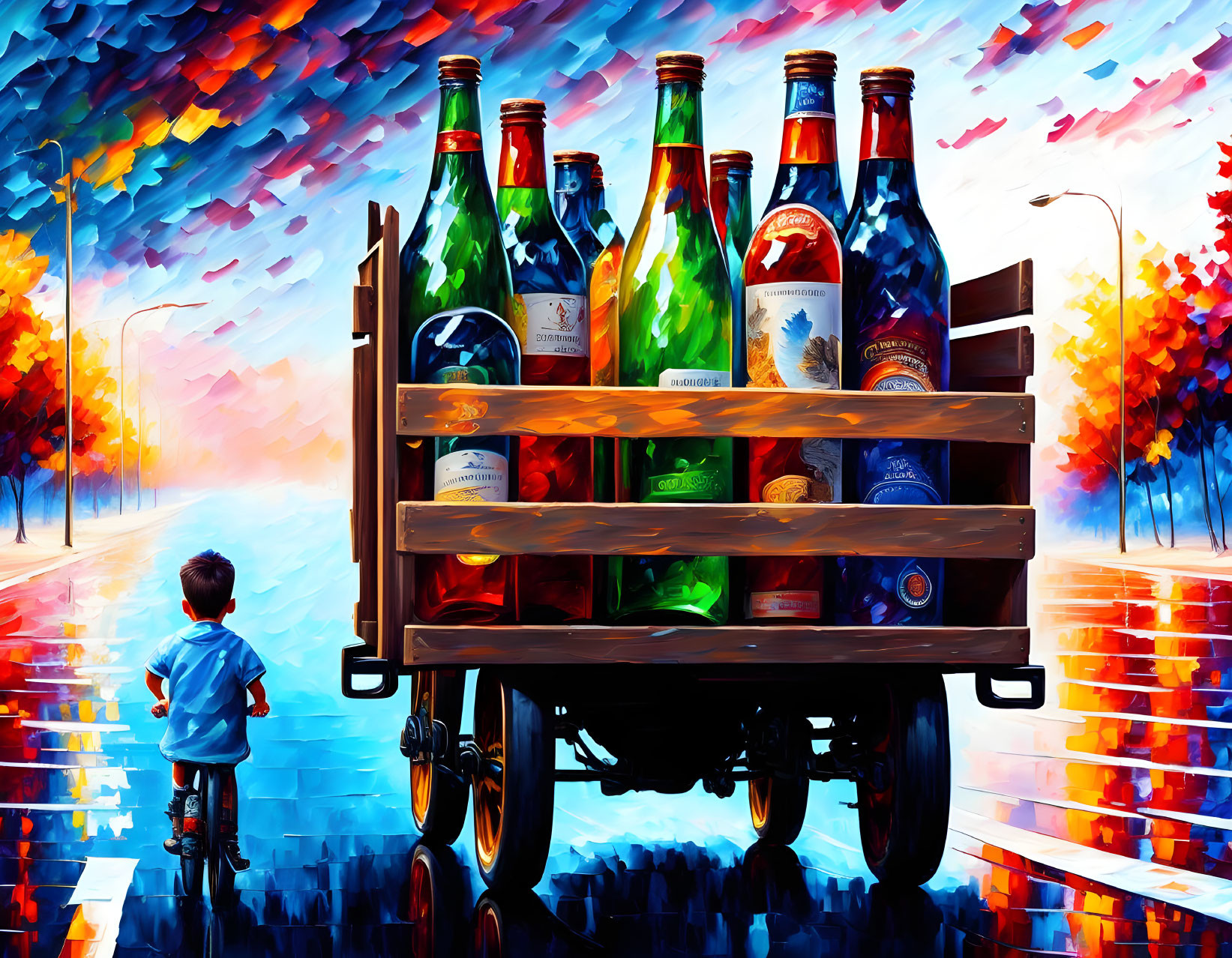 Colorful painting of child on bicycle gazing at bottles on cart under vibrant sky