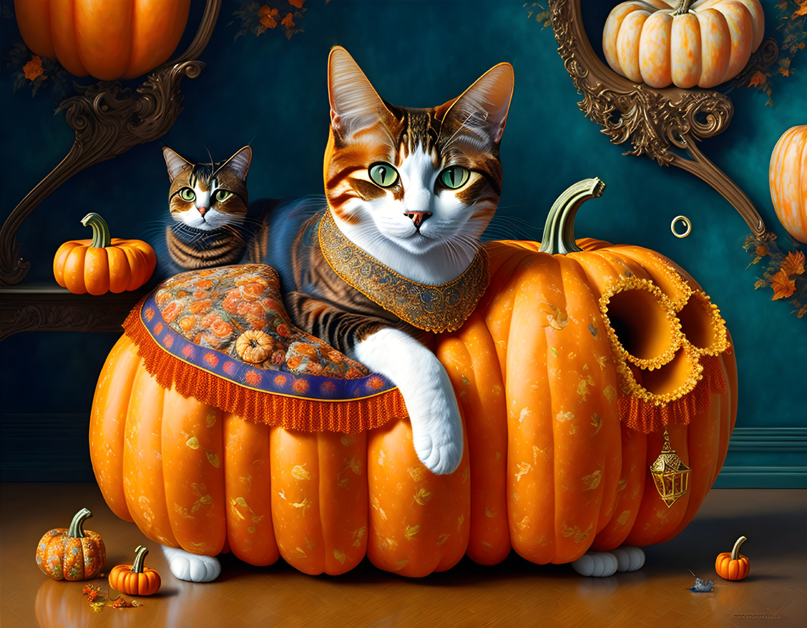 Two Tabby-patterned Cats on Large Ornate Pumpkin with Blue Background