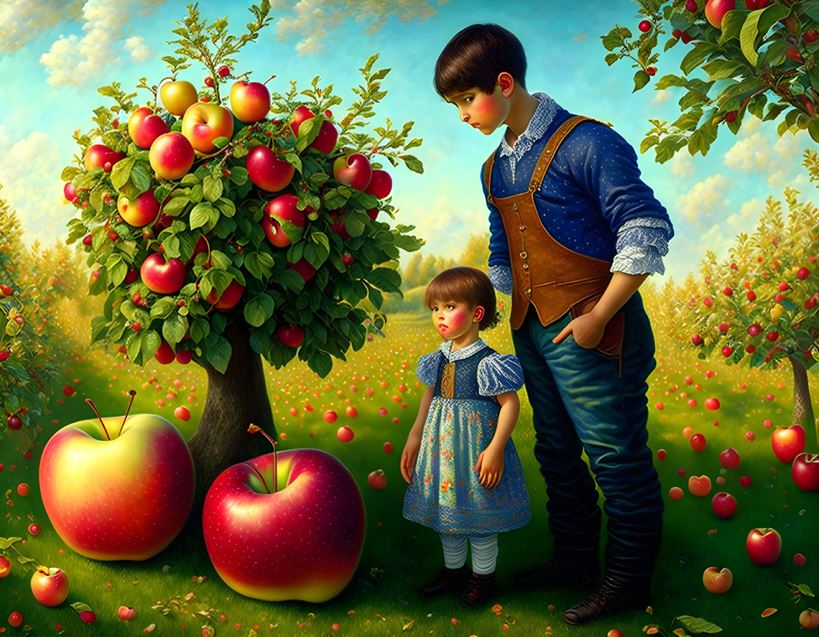 Surreal image of boy and girl in orchard with oversized apples