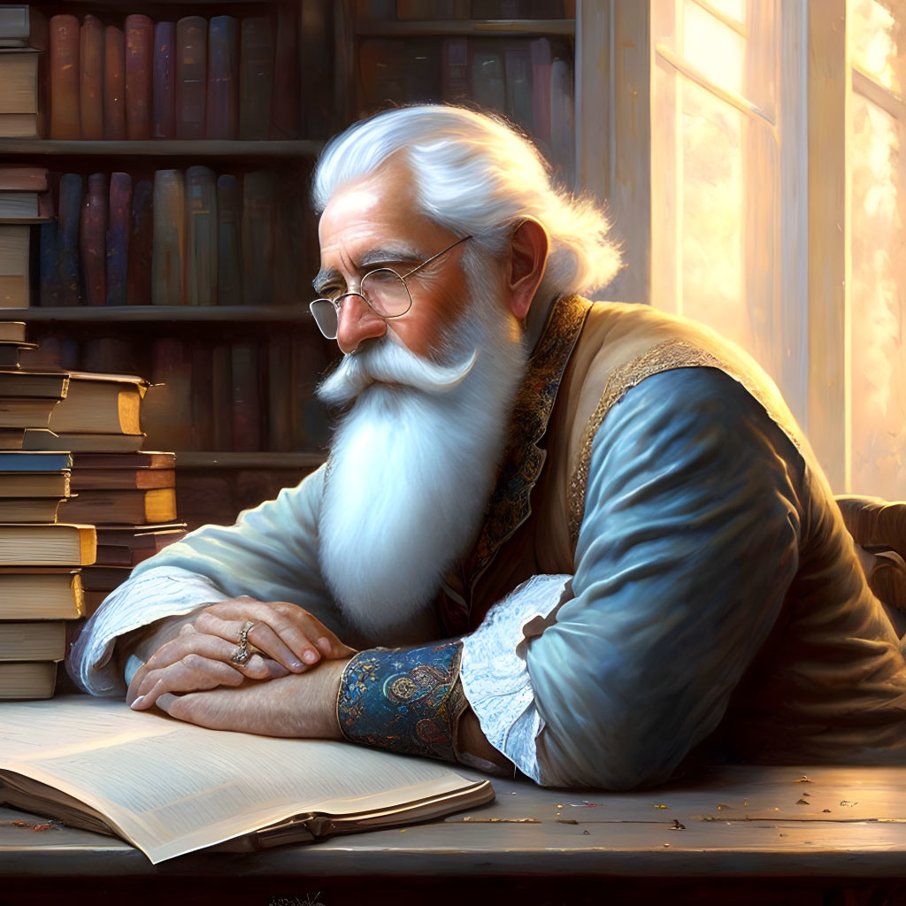 White-bearded elderly man reading book in library with sunlight.