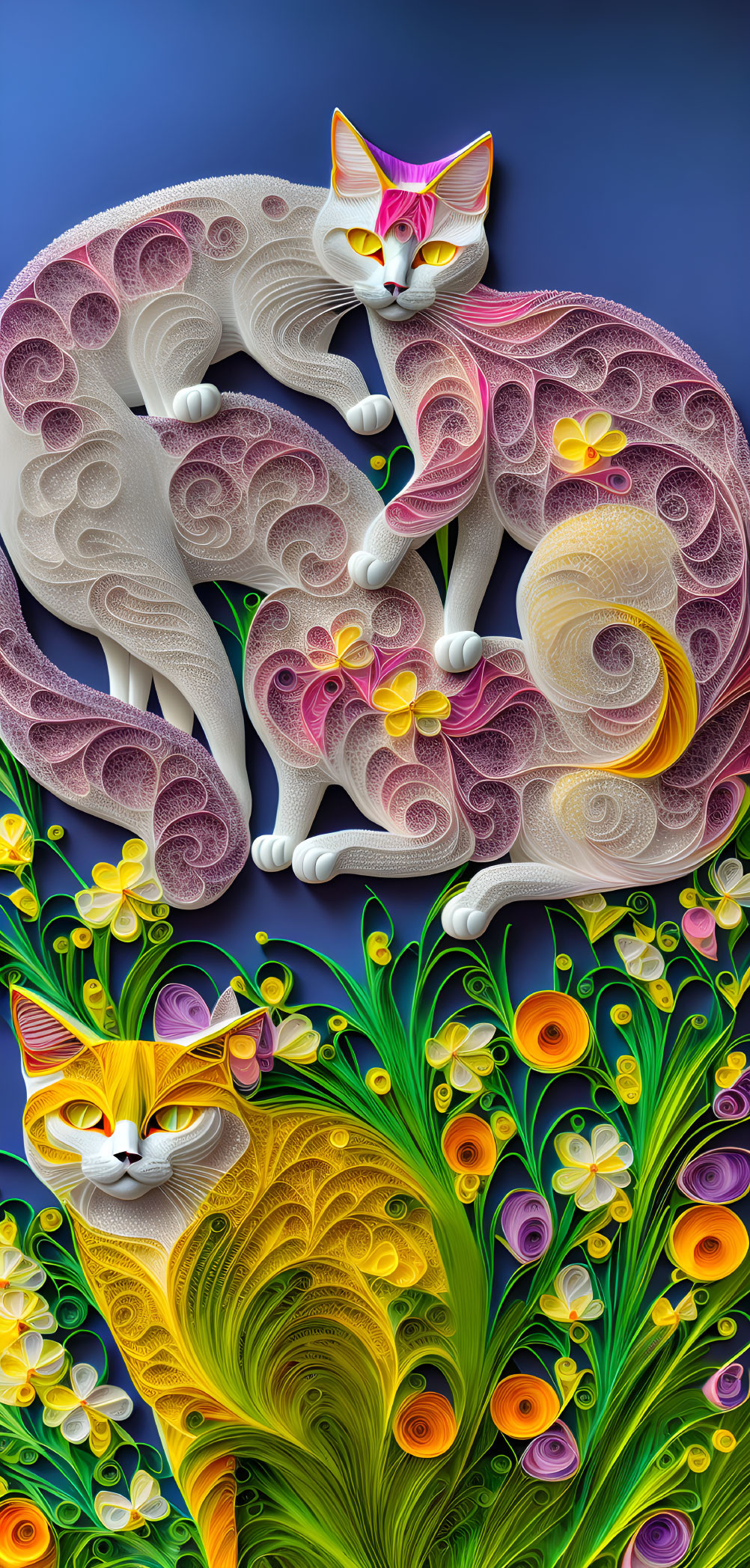 Stylized quilled paper cats in vibrant colors against dark floral background