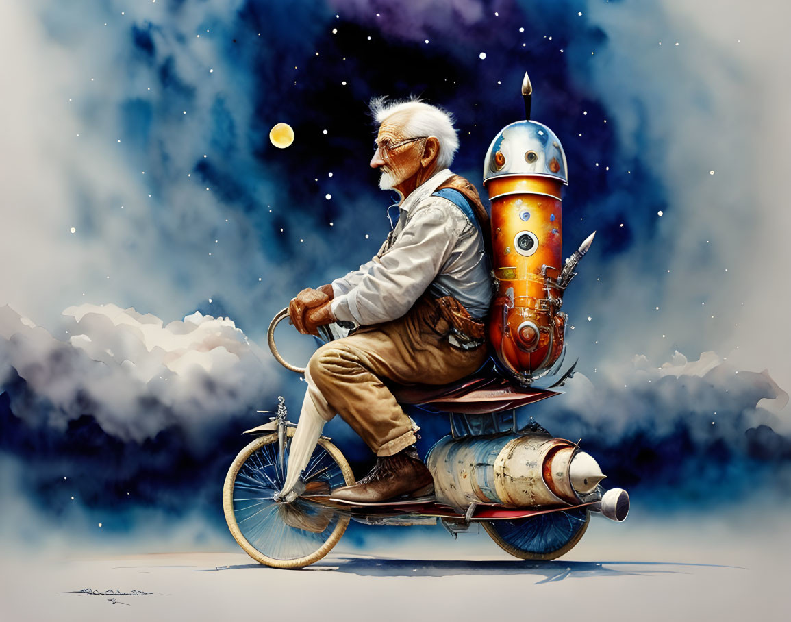 Elderly man on rocket-powered bicycle under moonlit sky