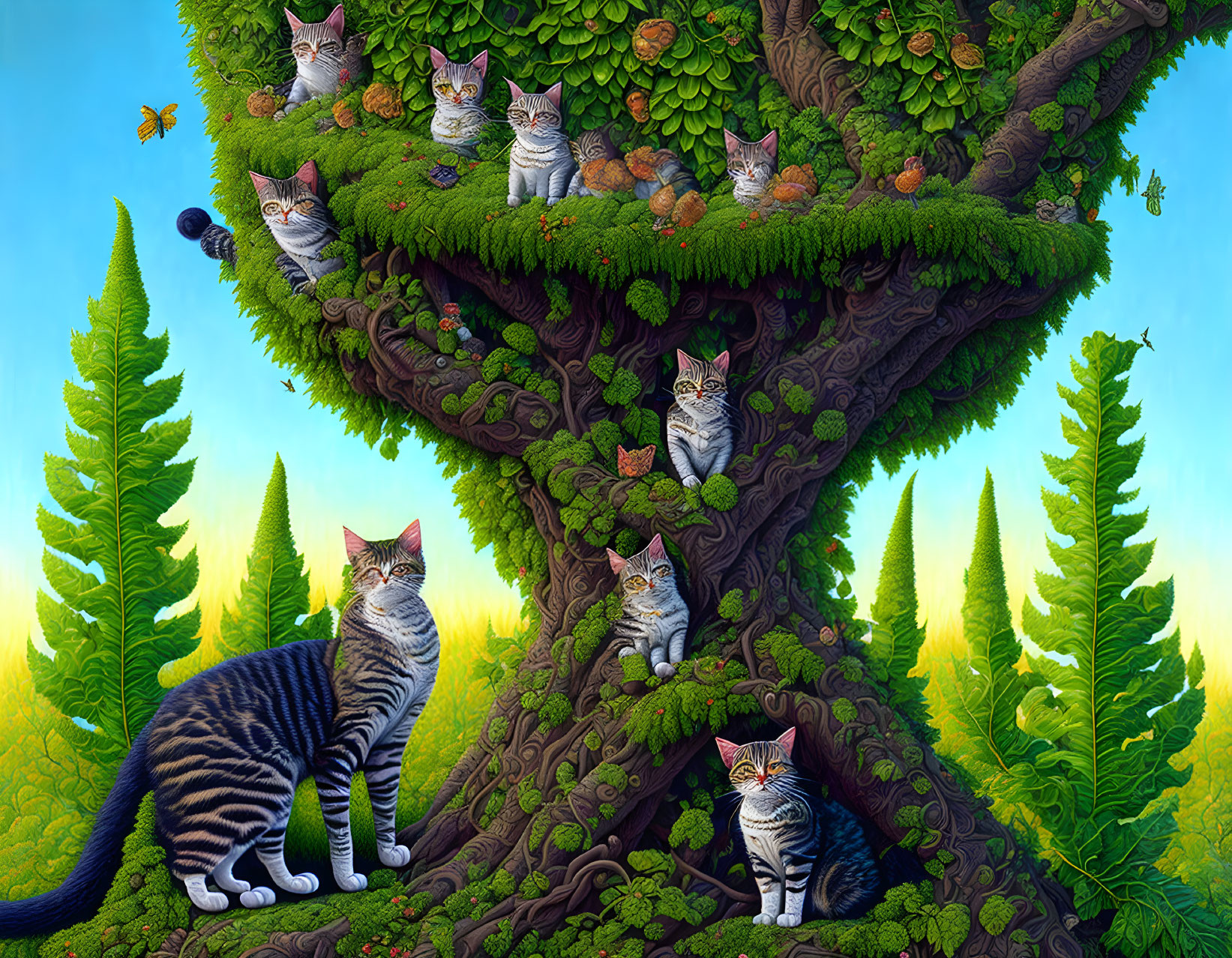 Colorful Striped Cats in Nature Scene with Tree and Butterflies