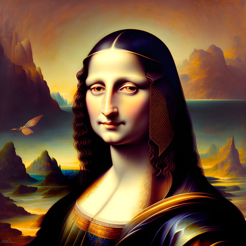 Surreal digital artwork: Mona Lisa elements, golden color scheme, fantastical landscape, butterfly.