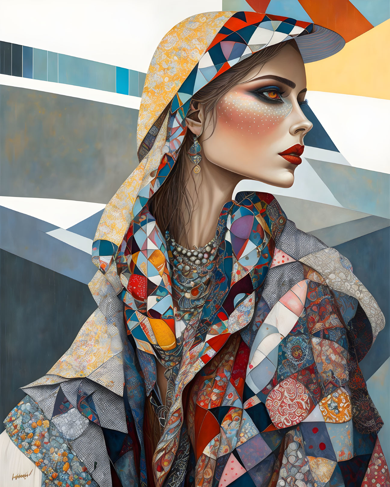 Colorful Geometric Portrait of Woman in Patterned Attire