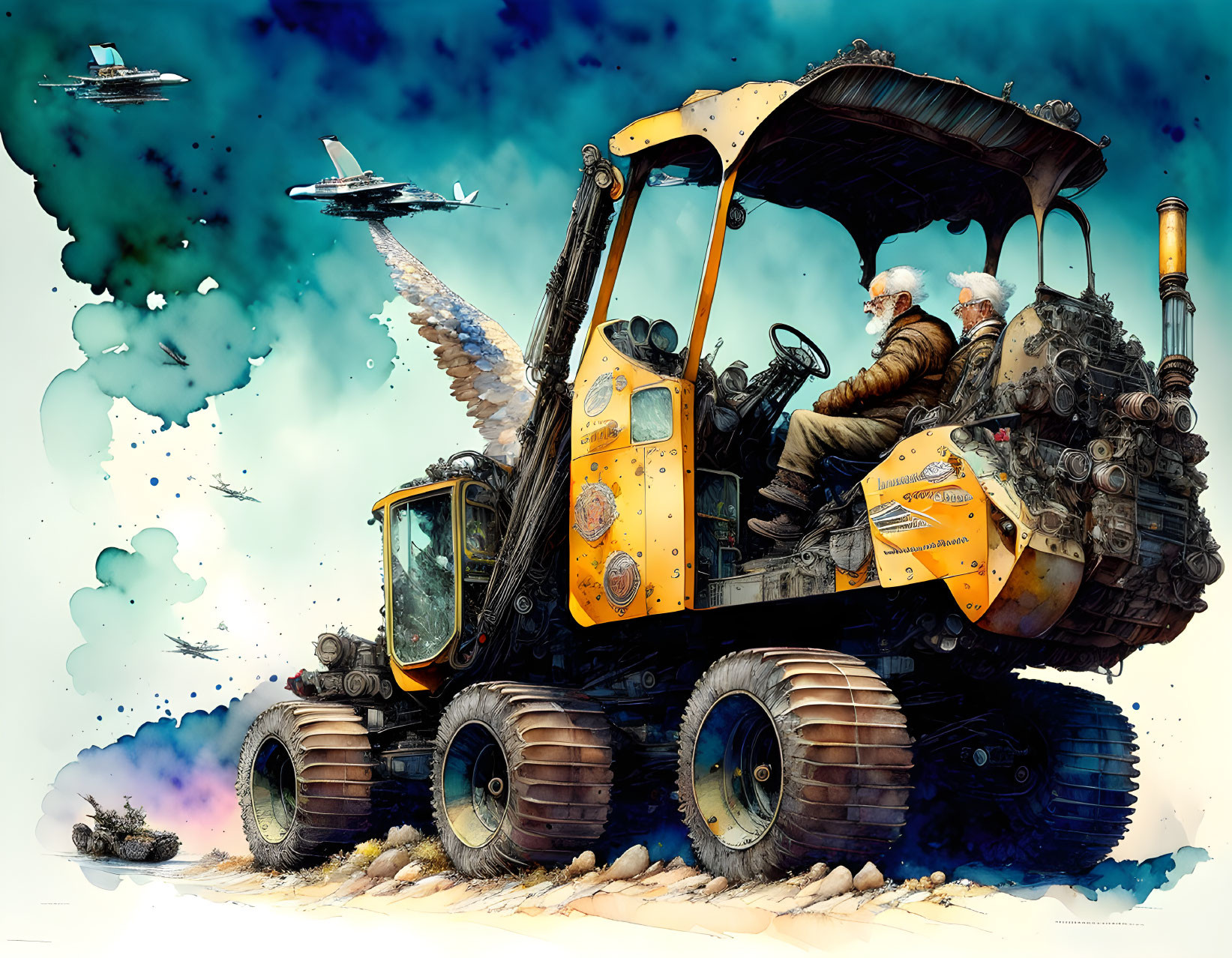 Futuristic tractor with characters in fur coats under sky with flying ships