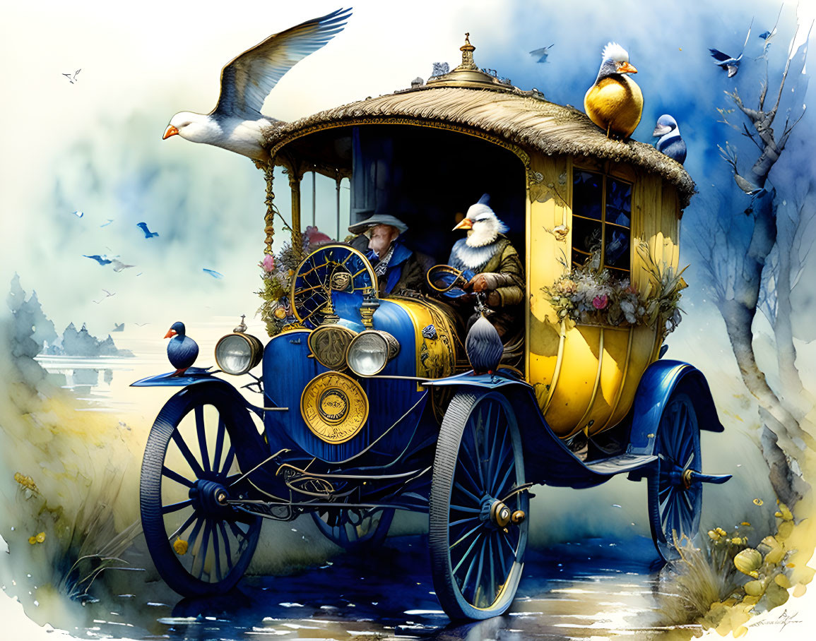 Anthropomorphic birds in vintage attire driving classic car with flying seagulls in scenic backdrop