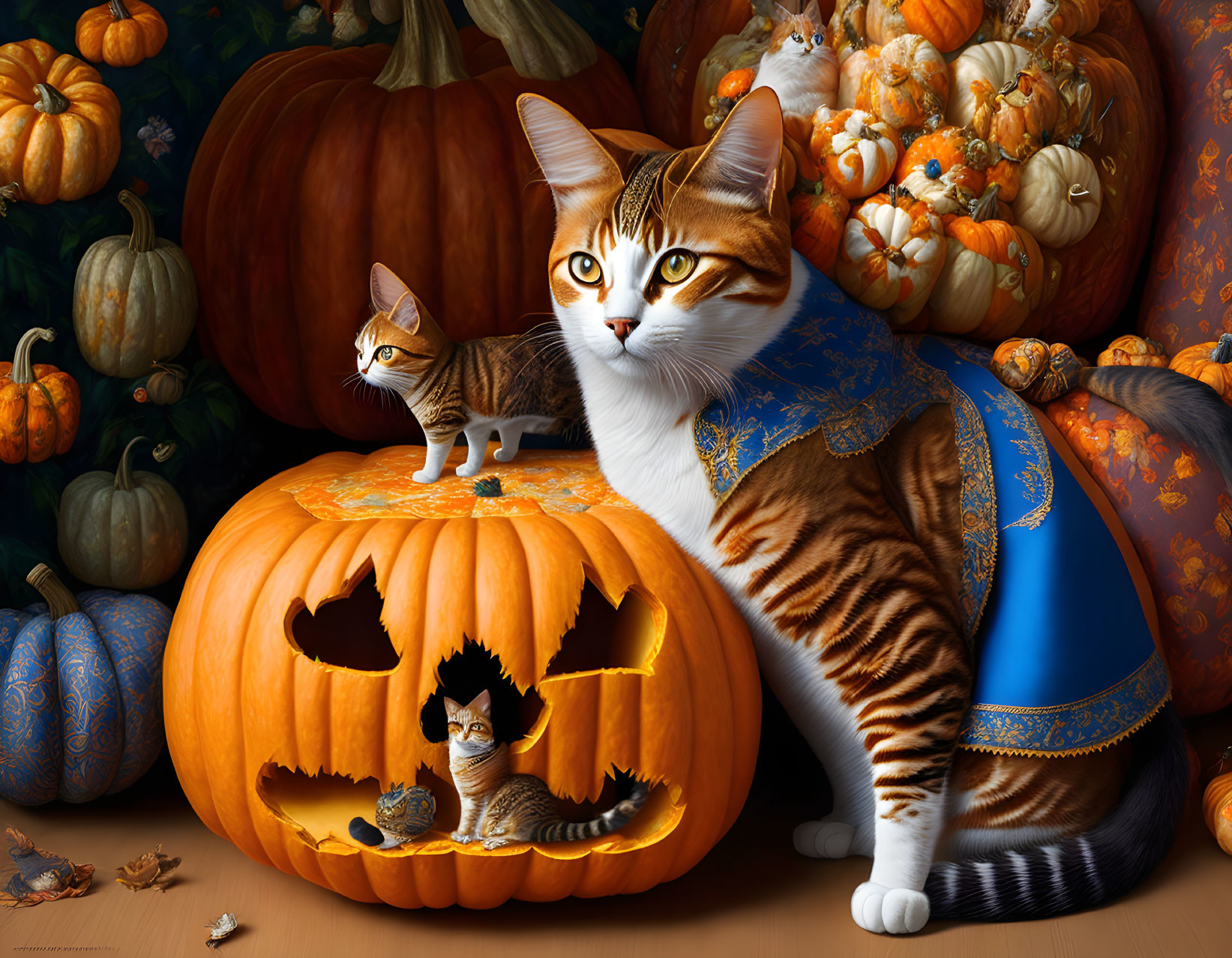 Colorful Cat Group with Orange Tabby and Pumpkin Scene