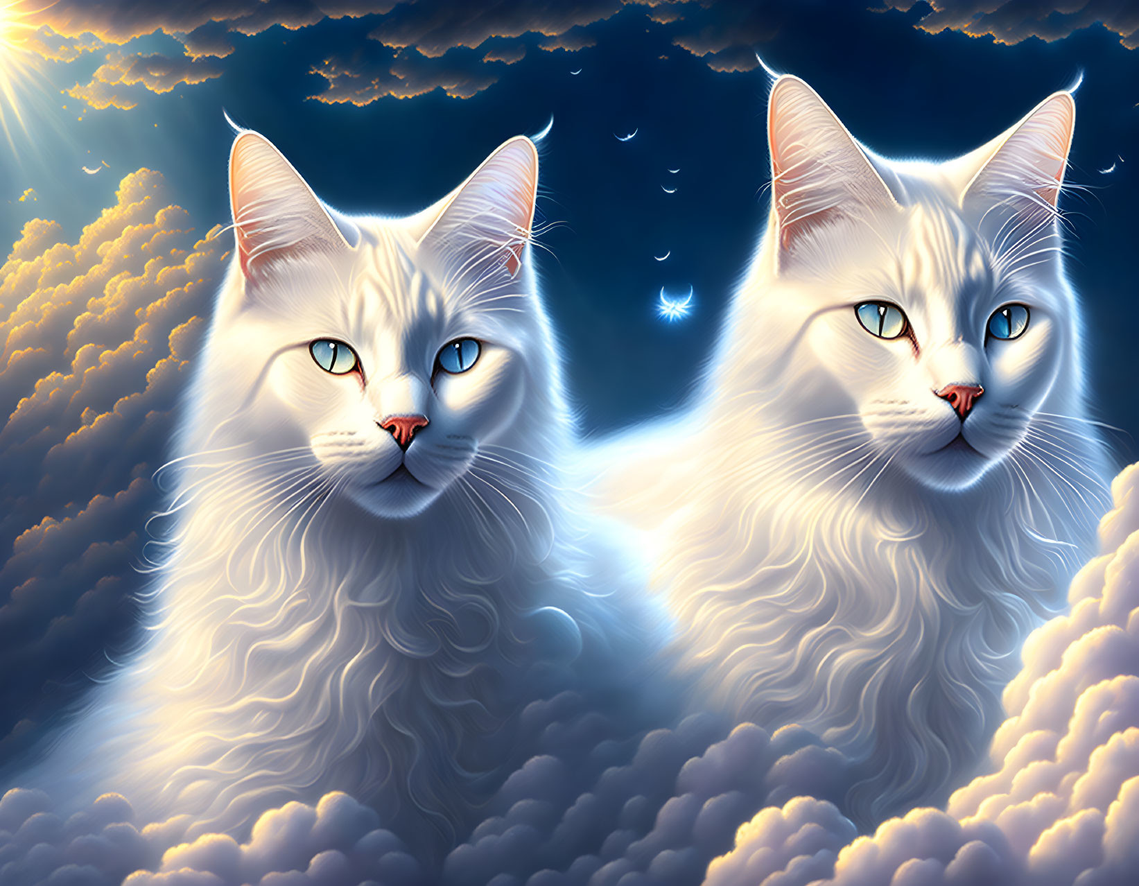 Ethereal white cats with piercing blue eyes in starry sky setting