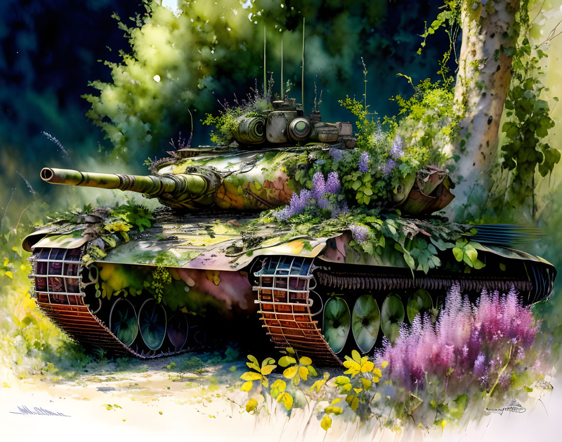 Camouflaged tank hidden in lush forest with colorful flowers